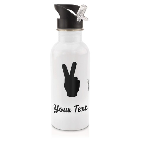 in White (600ml) with Drinking Straw (Two Finger Icon) Black (Personalised with Text)