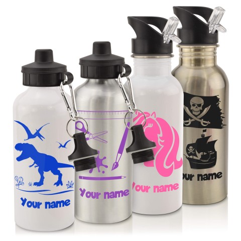 in White with Screw Cap with Dinosaur Icon - Black (Personalised with Text)