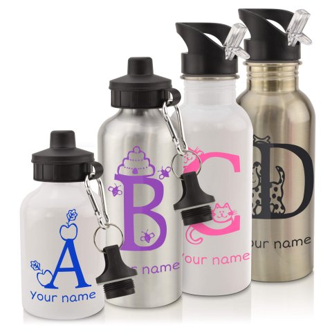 in White (600ml) with Screw Cap with Alphabet Theme - Black (Personalised with Text)