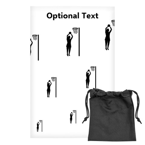 Regular (38cm x 25cm) (Netball Icon) White - Stretch Polyester (Optional Personalised Gift Text) with Small Black Storage Pouch
