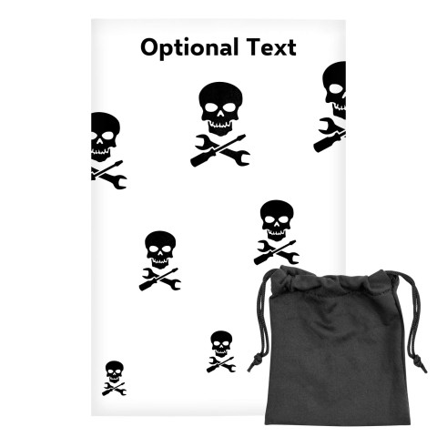 Regular (38cm x 25cm) (Skull & Spanner Icon) White - Stretch Polyester (Optional Personalised Gift Text) with Small Black Storage Pouch