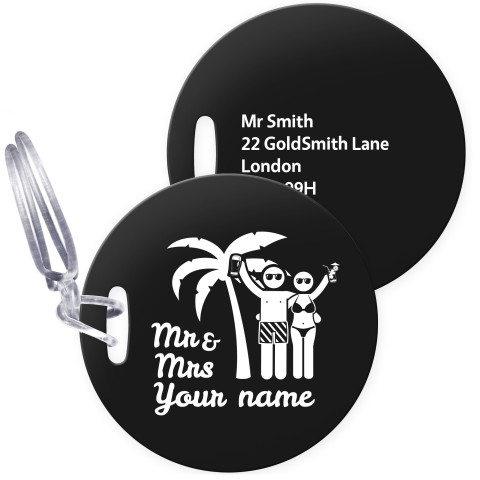 (10cm Circle) (Mr & Mr Cheers) Black with Clear Loop (Personalised with Text)