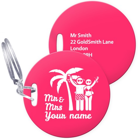 (10cm Circle) (Mrs & Mrs Cheers) Hot Pink (Fuchsia) with Clear Loop (Personalised with Text)