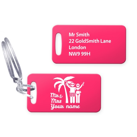 (9cm x 4.5cm) (Mr & Mr Cheers) Hot Pink (Fuchsia) with Clear Loop (Personalised with Text)