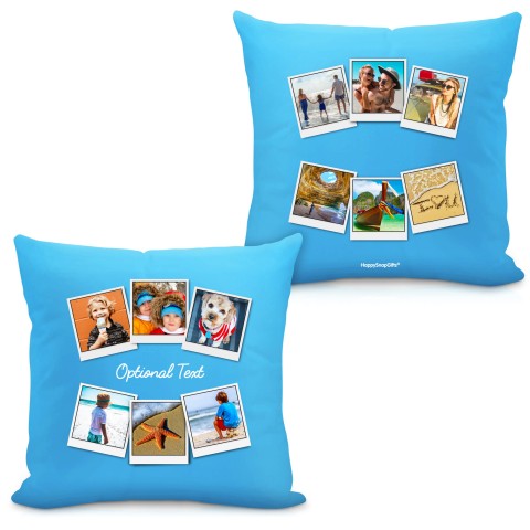 (Square 40cm) (Polaroid Style Photo Print) - Sky Blue Soft Velvet Polyester Fabric with Removable Cover (Zip) (Personalised with Text)