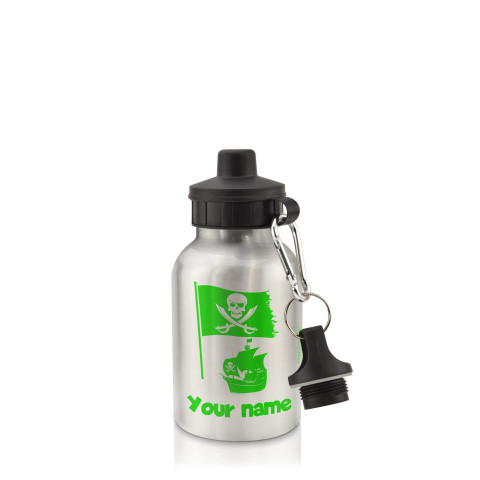 in Silver (400ml) with Screw Cap (Pirate Flag Icon) Bright Green (Personalised with Text)