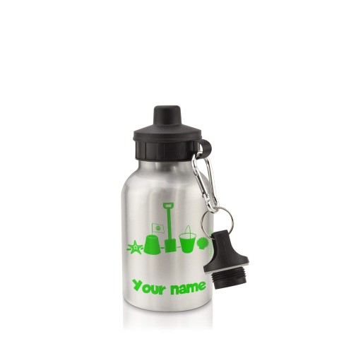 in Silver (400ml) with Screw Cap (Bucket & Spade Icon) Bright Green (Personalised with Text)
