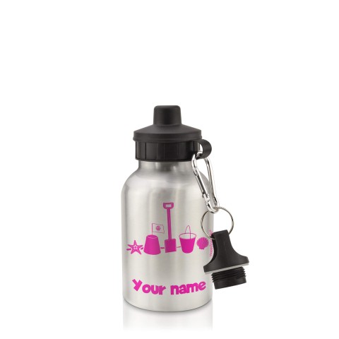in Silver (400ml) with Screw Cap (Bucket & Spade Icon) Hot Pink (Fuchsia) (Personalised with Text)