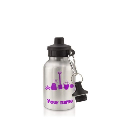 in Silver (400ml) with Screw Cap (Bucket & Spade Icon) Purple (Personalised with Text)
