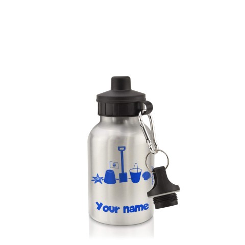 in Silver (400ml) with Screw Cap (Bucket & Spade Icon) Royal Blue (Personalised with Text)
