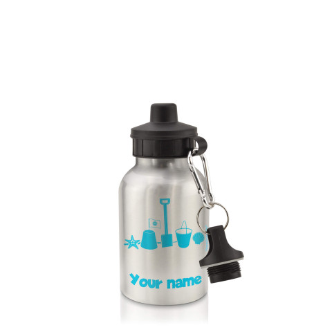in Silver (400ml) with Screw Cap (Bucket & Spade Icon) Sky Blue (Personalised with Text)
