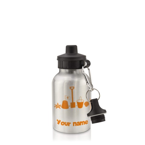 in Silver (400ml) with Screw Cap (Bucket & Spade Icon) Burnt Orange (Personalised with Text)