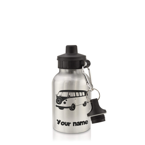 in Silver (400ml) with Screw Cap (Camper Van Icon) Black (Personalised with Text)