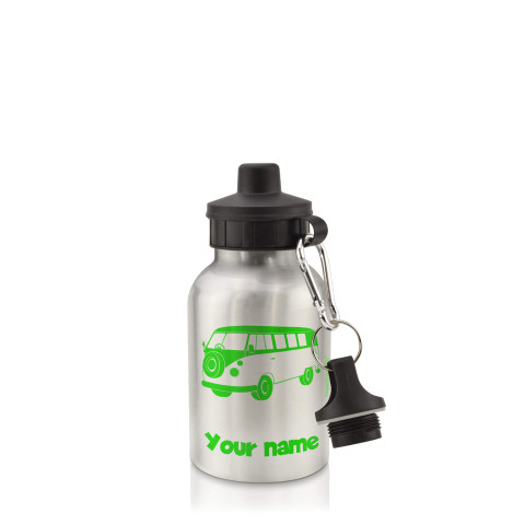 in Silver (400ml) with Screw Cap (Camper Van Icon) Bright Green (Personalised with Text)