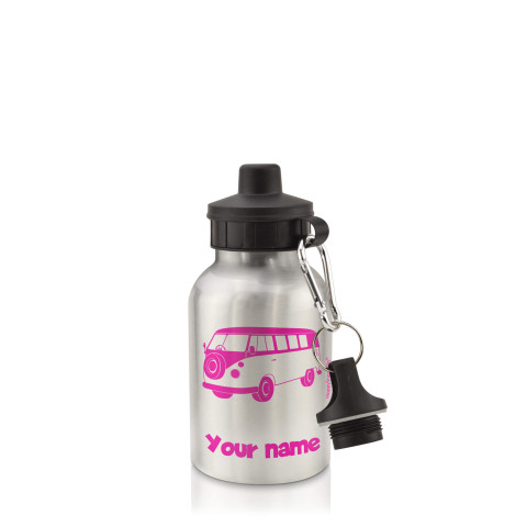 in Silver (400ml) with Screw Cap (Camper Van Icon) Hot Pink (Fuchsia) (Personalised with Text)