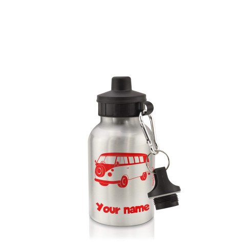 in Silver (400ml) with Screw Cap (Camper Van Icon) Red (Personalised with Text)