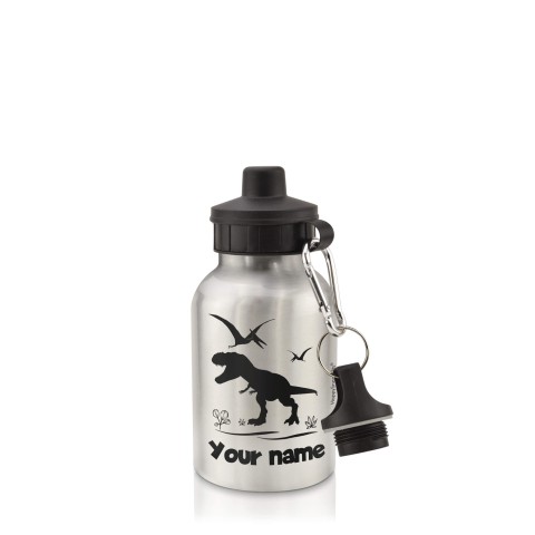 in Silver (400ml) with Screw Cap with Dinosaur Icon Black (Personalised with Text)