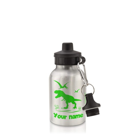 in Silver (400ml) with Screw Cap with Dinosaur Icon Bright Green (Personalised with Text)