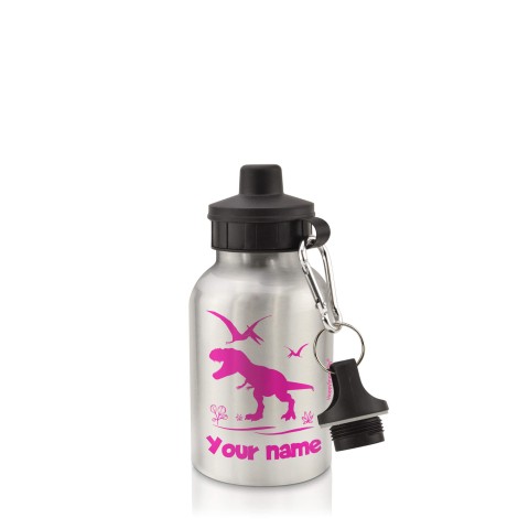 in Silver (400ml) with Screw Cap with Dinosaur Icon Hot Pink (Fuchsia) (Personalised with Text)