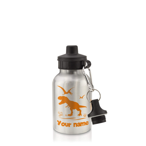 in Silver (400ml) with Screw Cap with Dinosaur Icon Burnt Orange (Personalised with Text)