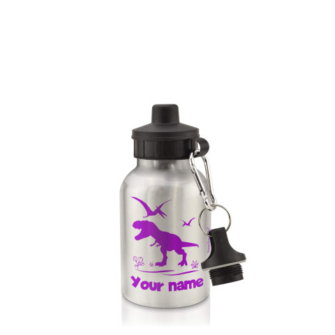 in Silver (400ml) with Screw Cap with Dinosaur Icon Purple (Personalised with Text)
