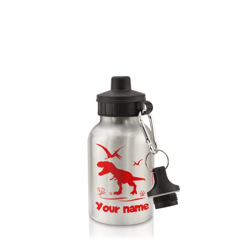 in Silver (400ml) with Screw Cap with Dinosaur Icon Red (Personalised with Text)