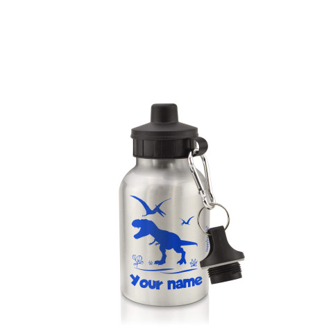 in Silver (400ml) with Screw Cap with Dinosaur Icon Royal Blue (Personalised with Text)