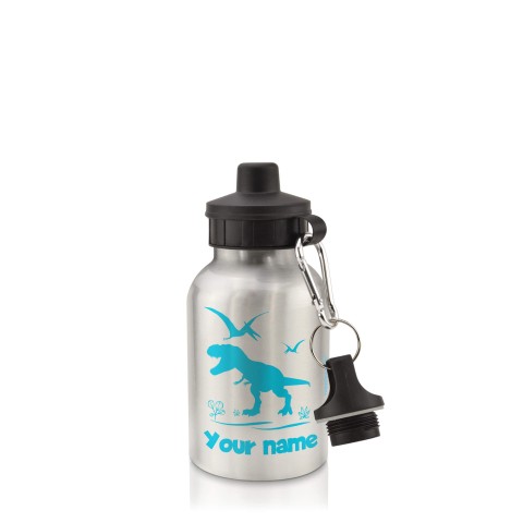 in Silver (400ml) with Screw Cap with Dinosaur Icon Sky Blue (Personalised with Text)