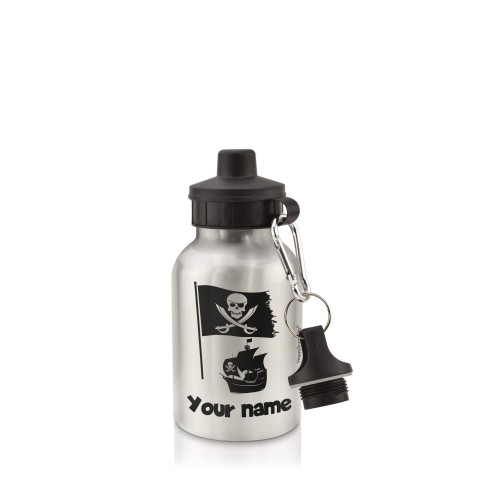 in Silver (400ml) with Screw Cap (Pirate Flag Icon) Black (Personalised with Text)