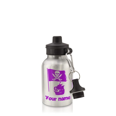 in Silver (400ml) with Screw Cap (Pirate Flag Icon) Purple (Personalised with Text)
