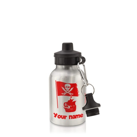 in Silver (400ml) with Screw Cap (Pirate Flag Icon) Red (Personalised with Text)