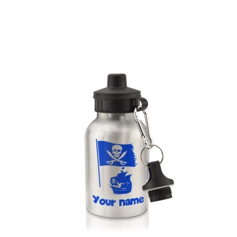 in Silver (400ml) with Screw Cap (Pirate Flag Icon) Royal Blue (Personalised with Text)