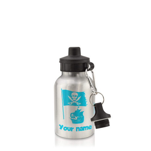in Silver (400ml) with Screw Cap (Pirate Flag Icon) Sky Blue (Personalised with Text)