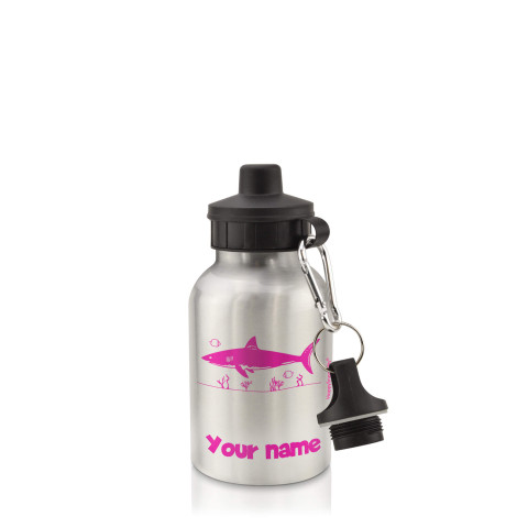in Silver (400ml) with Screw Cap (Shark Icon) Hot Pink (Fuchsia) (Personalised with Text)
