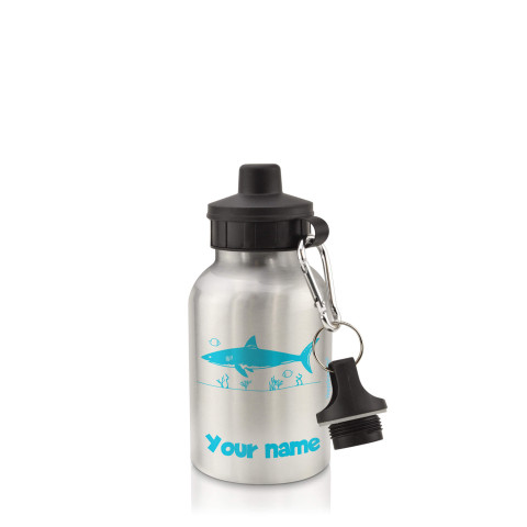 in Silver (400ml) with Screw Cap (Shark Icon) Sky Blue (Personalised with Text)