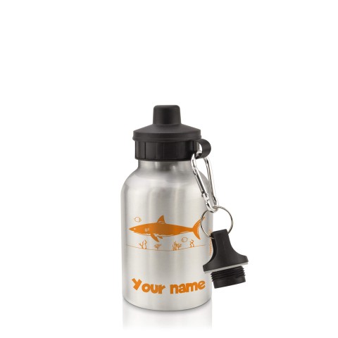 in Silver (400ml) with Screw Cap (Shark Icon) Burnt Orange (Personalised with Text)