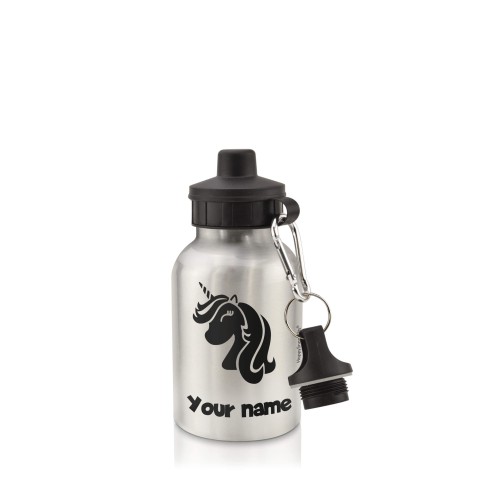 in Silver (400ml) with Screw Cap (Unicorn Icon) Black (Personalised with Text)
