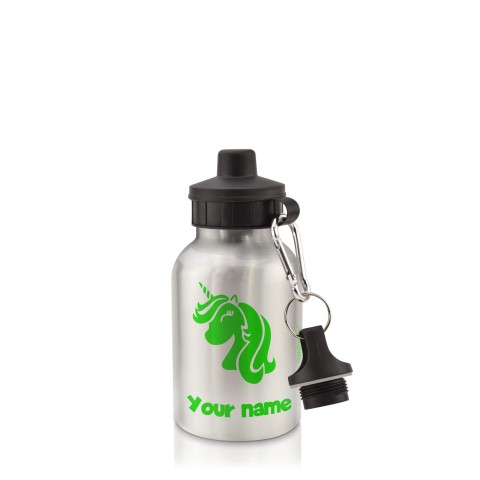 in Silver (400ml) with Screw Cap (Unicorn Icon) Bright Green (Personalised with Text)