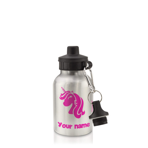 in Silver (400ml) with Screw Cap (Unicorn Icon) Hot Pink (Fuchsia) (Personalised with Text)