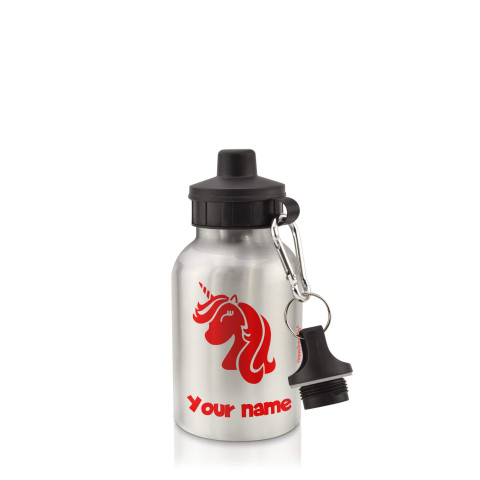 in Silver (400ml) with Screw Cap (Unicorn Icon) Red (Personalised with Text)