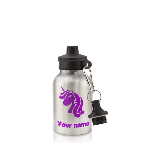 in Silver (400ml) with Screw Cap (Unicorn Icon) Purple (Personalised with Text)