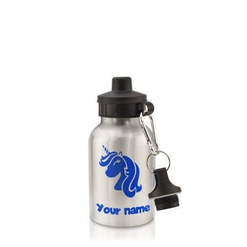 in Silver (400ml) with Screw Cap (Unicorn Icon) Royal Blue (Personalised with Text)