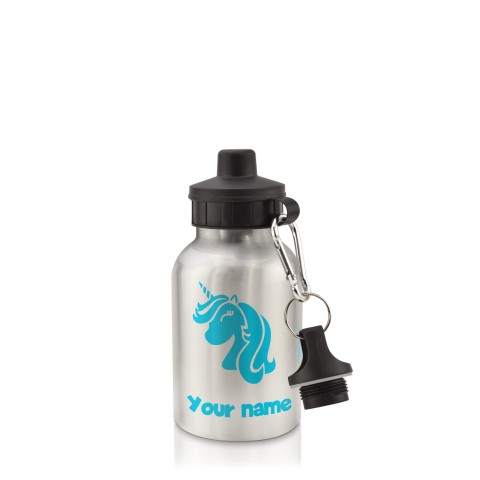 in Silver (400ml) with Screw Cap (Unicorn Icon) Sky Blue (Personalised with Text)