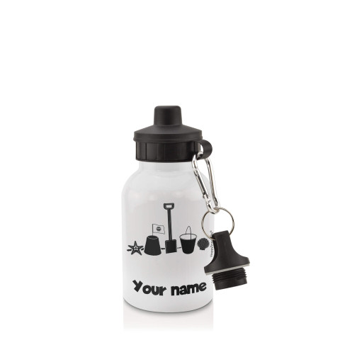 in White (400ml) with Screw Cap (Bucket & Spade Icon) Black (Personalised with Text)