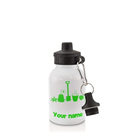 in White (400ml) with Screw Cap (Bucket & Spade Icon) Bright Green (Personalised with Text)