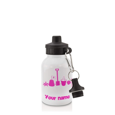 in White (400ml) with Screw Cap (Bucket & Spade Icon) Hot Pink (Fuchsia) (Personalised with Text)