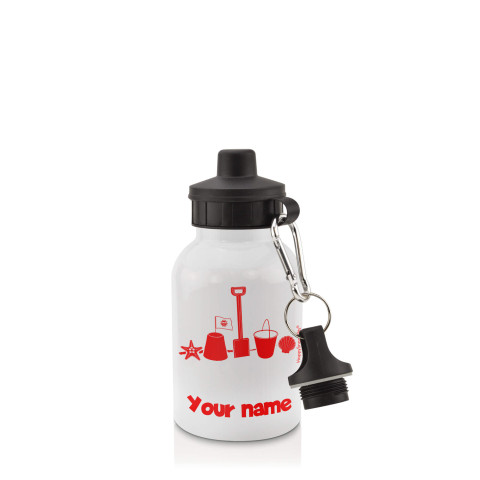 in White (400ml) with Screw Cap (Bucket & Spade Icon) Red (Personalised with Text)