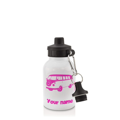 in White (400ml) with Screw Cap (Camper Van Icon) Hot Pink (Fuchsia) (Personalised with Text)