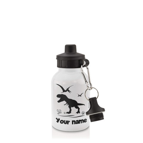 in White (400ml) with Screw Cap with Dinosaur Icon Black (Personalised with Text)