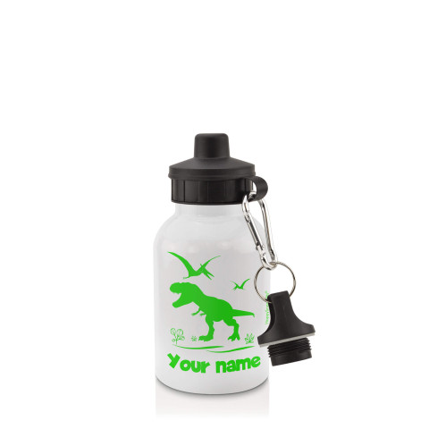 in White (400ml) with Screw Cap with Dinosaur Icon Bright Green (Personalised with Text)